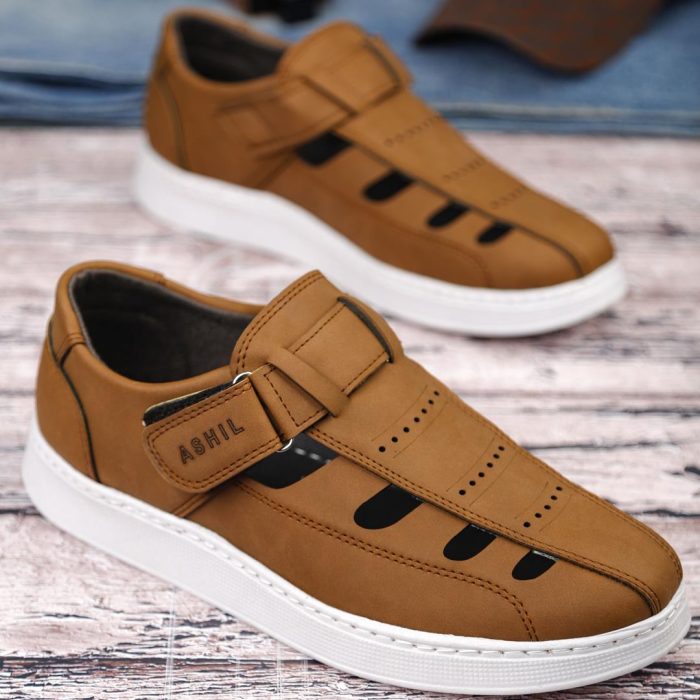 کفش صندل مردانه جنس چرم رنگ خردلی Ashil