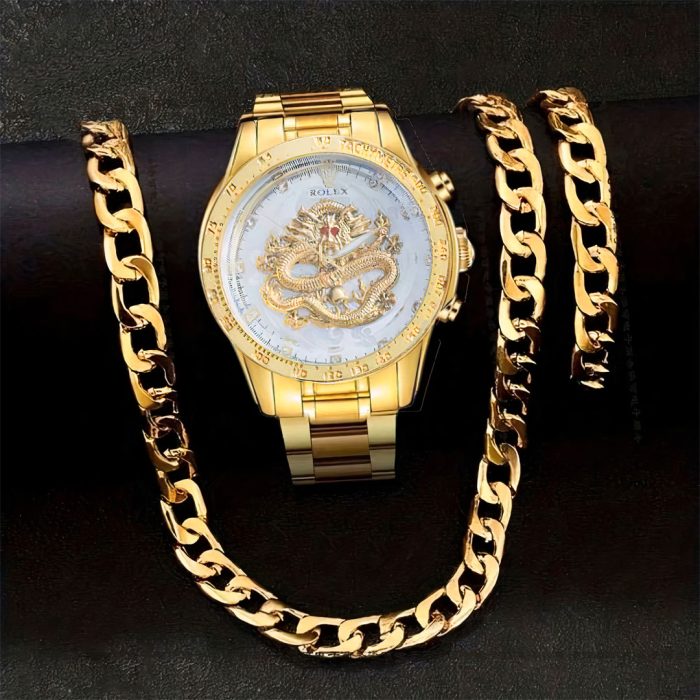 ست ساعت دستبند و گردنبند استیل مردانه طلایی Dragon