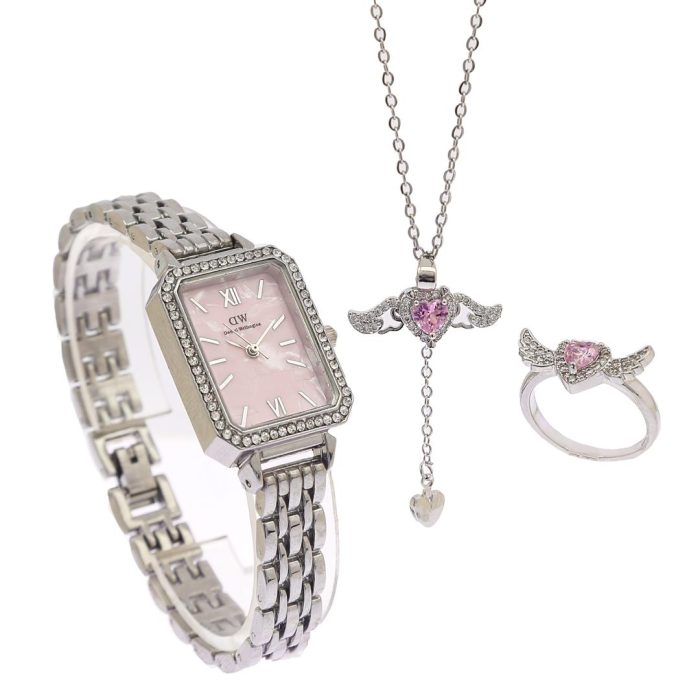 ست 3 تیکه ساعت گردنبند انگشتر قلب بالدار زنانه Heart