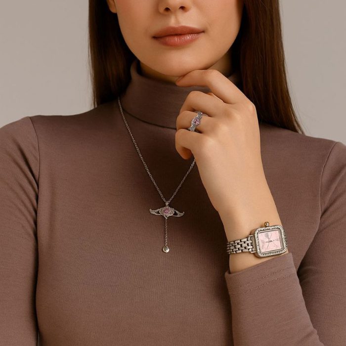 ست 3 تیکه ساعت گردنبند انگشتر قلب بالدار زنانه Heart