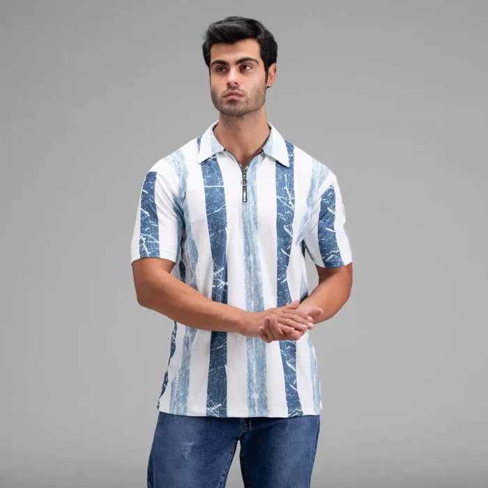 تیشرت مردانه راه راه یقه دار نیم زیپ سفید ( رنگ بندی )