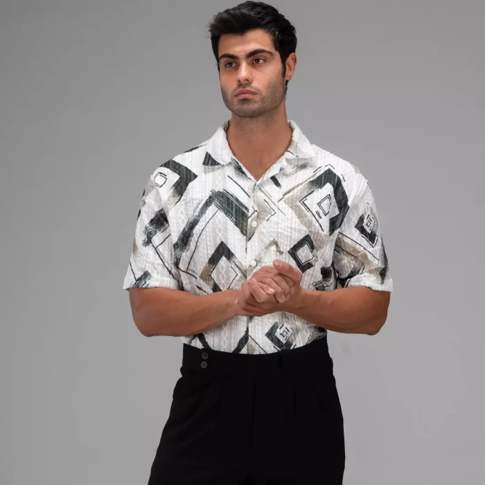پیراهن آستین کوتاه طرحدار لوز لوزی مردانه زمینه سفید