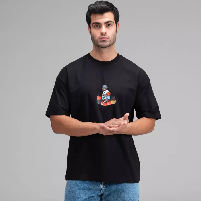 تیشرت لانگ چاپی رنگ مشکی و آبی کاربنی مردانه