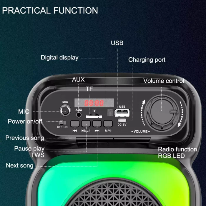 اسپیکر بلوتوثی میکرفون دار با نورپردازی و کنترل از راه دور