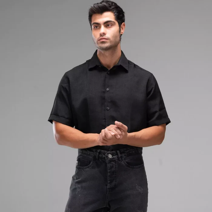 پیراهن آستین کوتاه مردانه تک رنگ جنس لینن ( رنگ بندی )