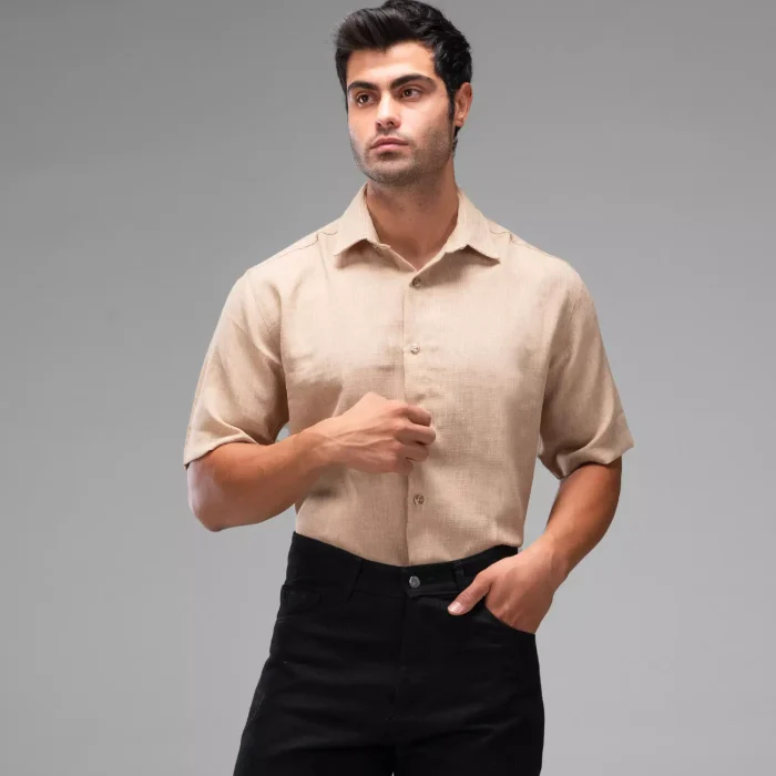 پیراهن آستین کوتاه مردانه تک رنگ جنس لینن ( رنگ بندی )