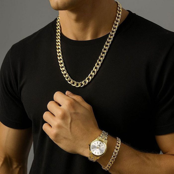 ست ساعت دستبند و گردنبند کارتیر مردانه Gold