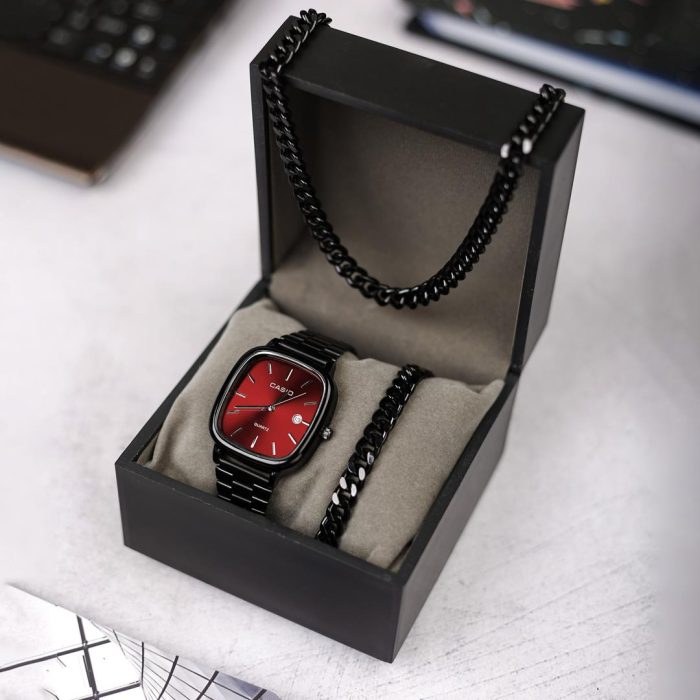 ست ساعت دستبند و گردنبند مردانه Casio ( مشکی )