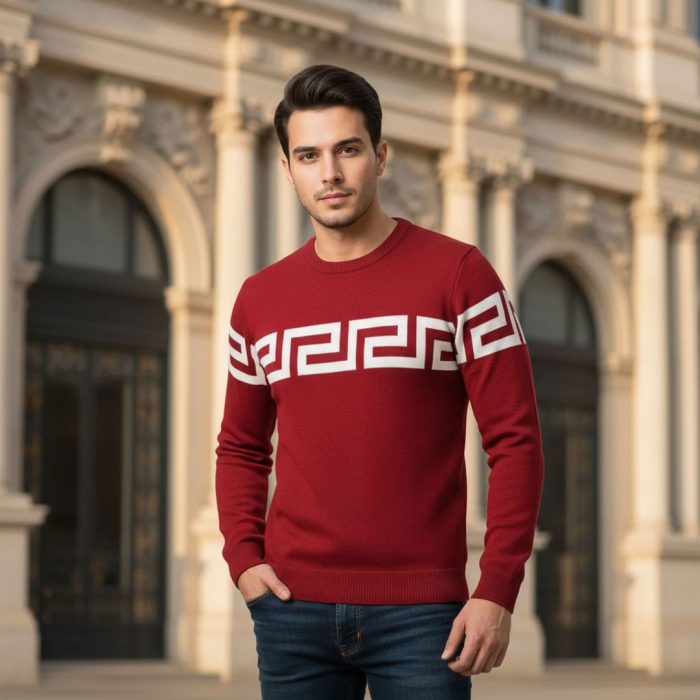 پلیور بافت مردانه مشکی و قرمز طرح Versace