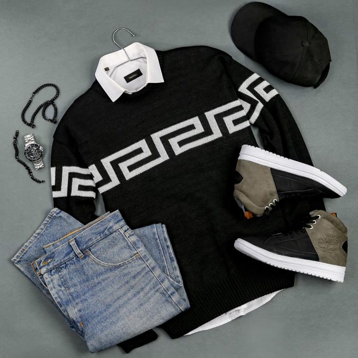 پلیور بافت مردانه مشکی و قرمز طرح Versace